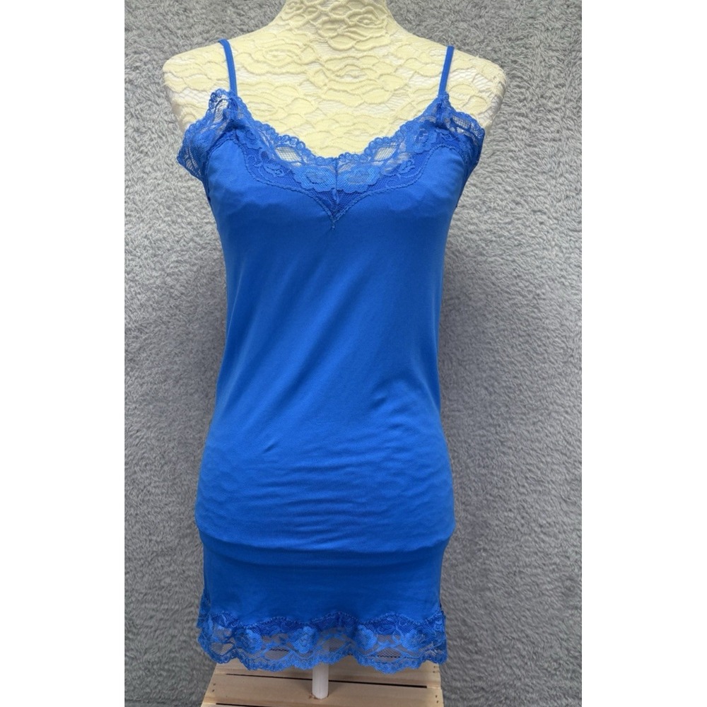 Vintage Energie Women XL Y2K Lace Cami Tank Top Blue‎ Long Coquette Preppy